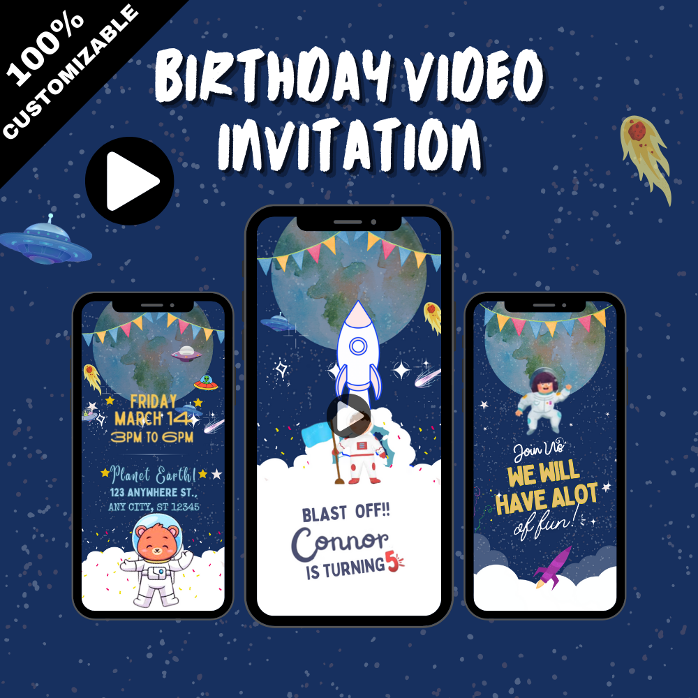 Animated Cute Space Birthday Theme Party Video Invitation - Animated Custom Video Invitation