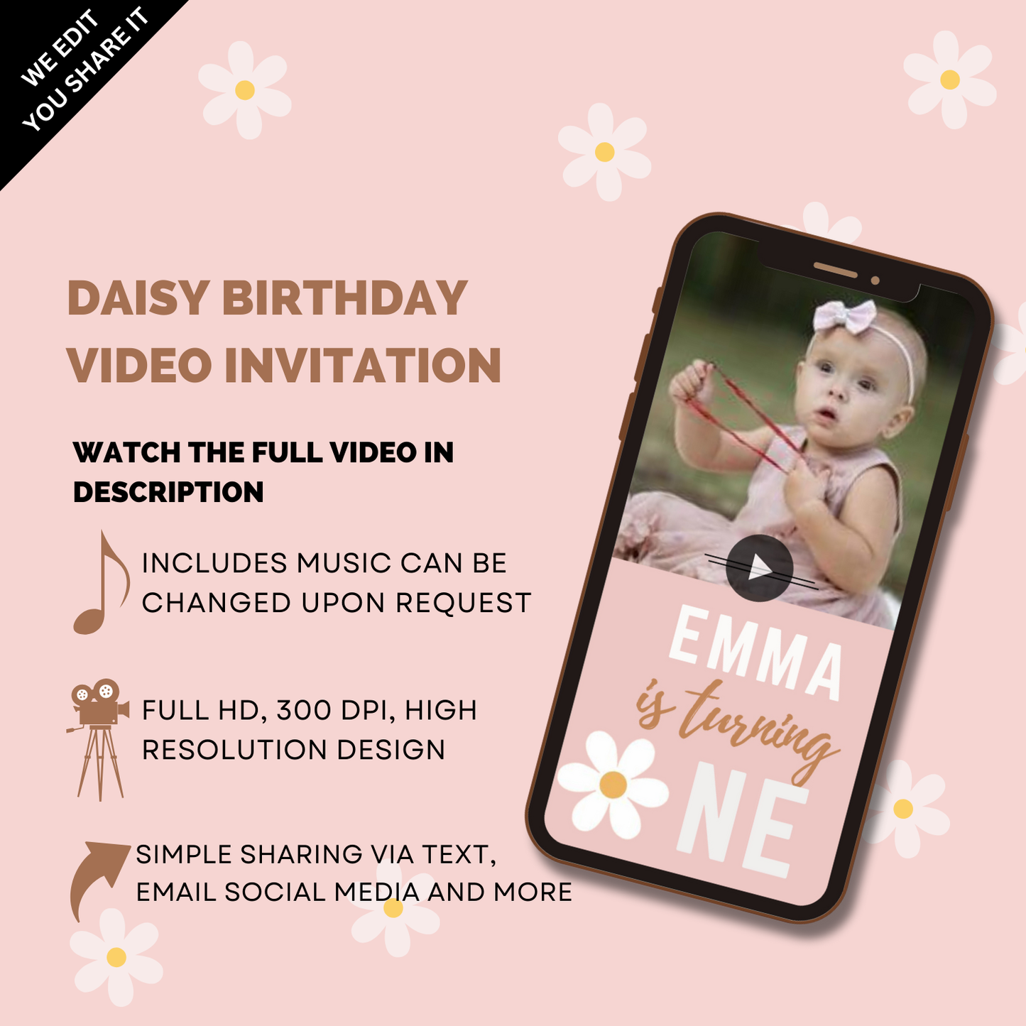 Animated Daisy-Theme Birthday Video Invitation - Customizable Video Invites