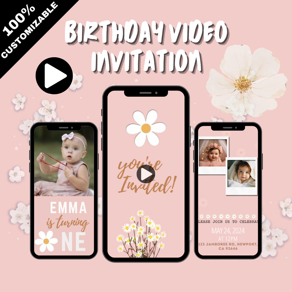 Animated Daisy-Theme Birthday Video Invitation - Customizable Video Invites