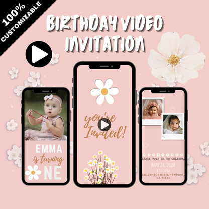 Animated Daisy-Theme Birthday Video Invitation - Customizable Video Invites