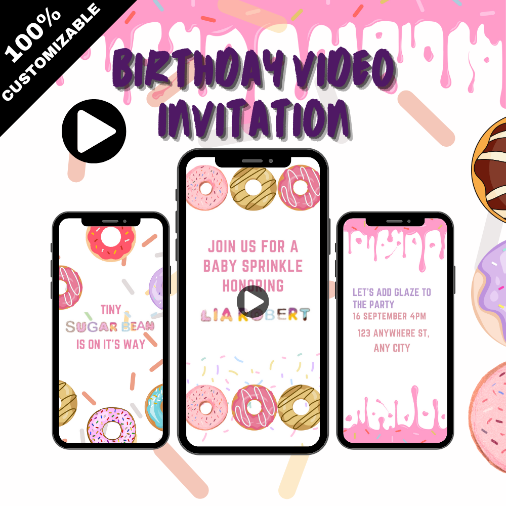 Custom Donut Birthday Theme Party Video Invitation - Digital Donut Video Invitation