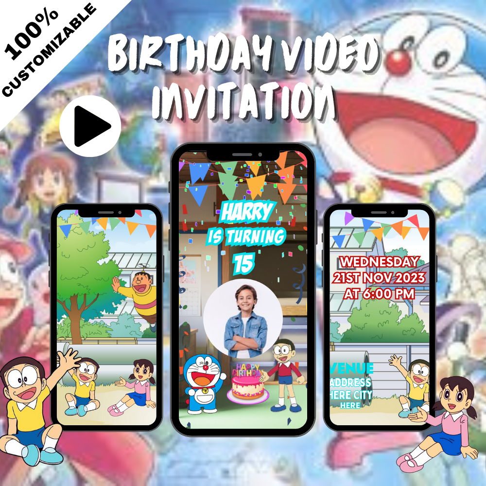 Animated Doraemon-Themed Birthday Video Invitation - Custom Doraemon Party Video Invite