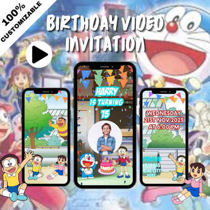 Animated Doraemon-Themed Birthday Video Invitation - Custom Doraemon Party Video Invite