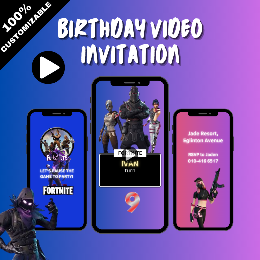 Animated Fortnite Theme Birthday Party Video Invitation - Fortnite Custom Digital Invite