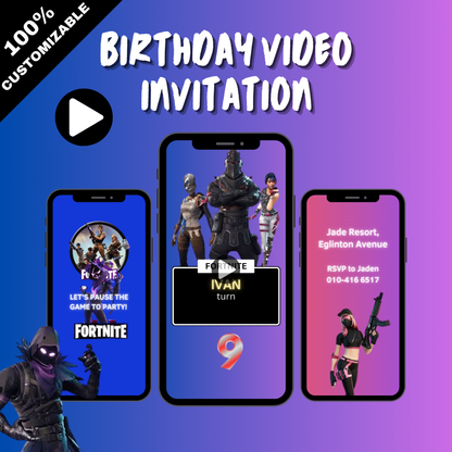 Animated Fortnite Theme Birthday Party Video Invitation - Fortnite Custom Digital Invite