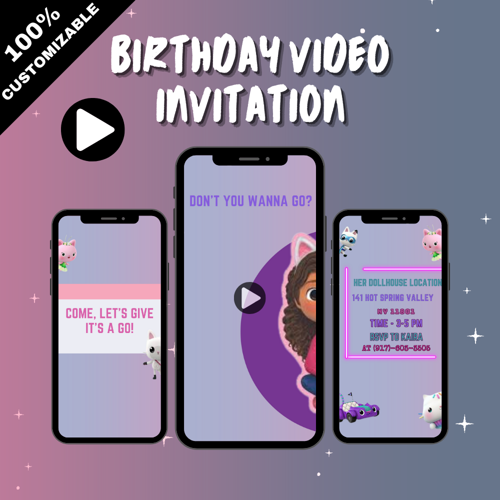 Animated Gabby's Doll House Birthday Party Video Invitation - Custom Doll House Theme Video Invites