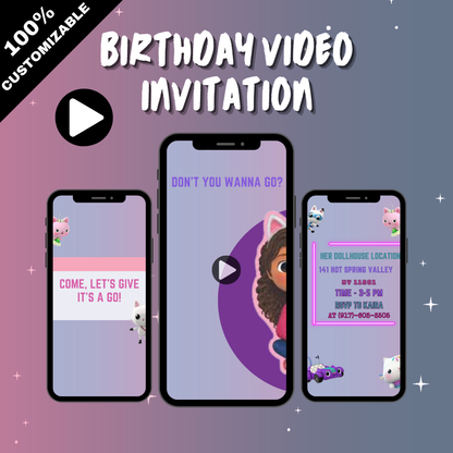 Animated Gabby's Doll House Birthday Party Video Invitation - Custom Doll House Theme Video Invites