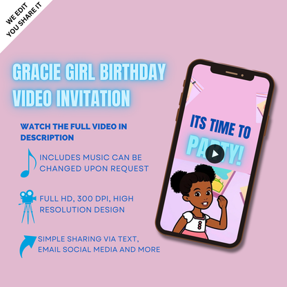 Customized Magical Gracie Girl Birthday party Video Invitation - Animated Gracie Girl Theme Invite