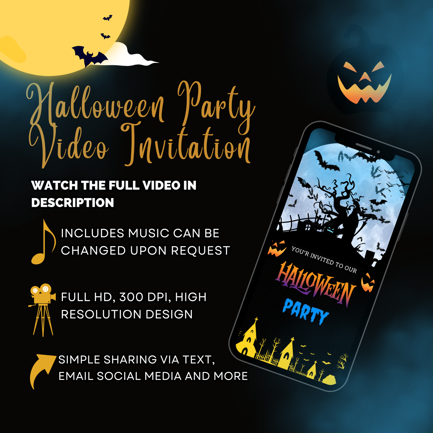 Animated Scary Halloween Party Video Invitations - Customizable Halloween-Theme Video Invites