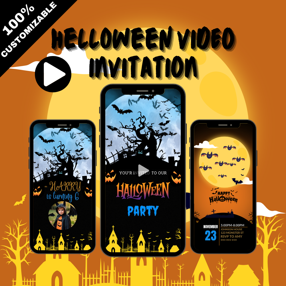 Animated Scary Halloween Party Video Invitations - Customizable Halloween-Theme Video Invites