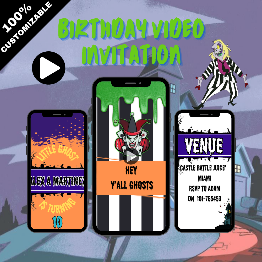 Animated Spooky Beetlejuice Birthday Video Invitation - Haunted Halloween Party Invites