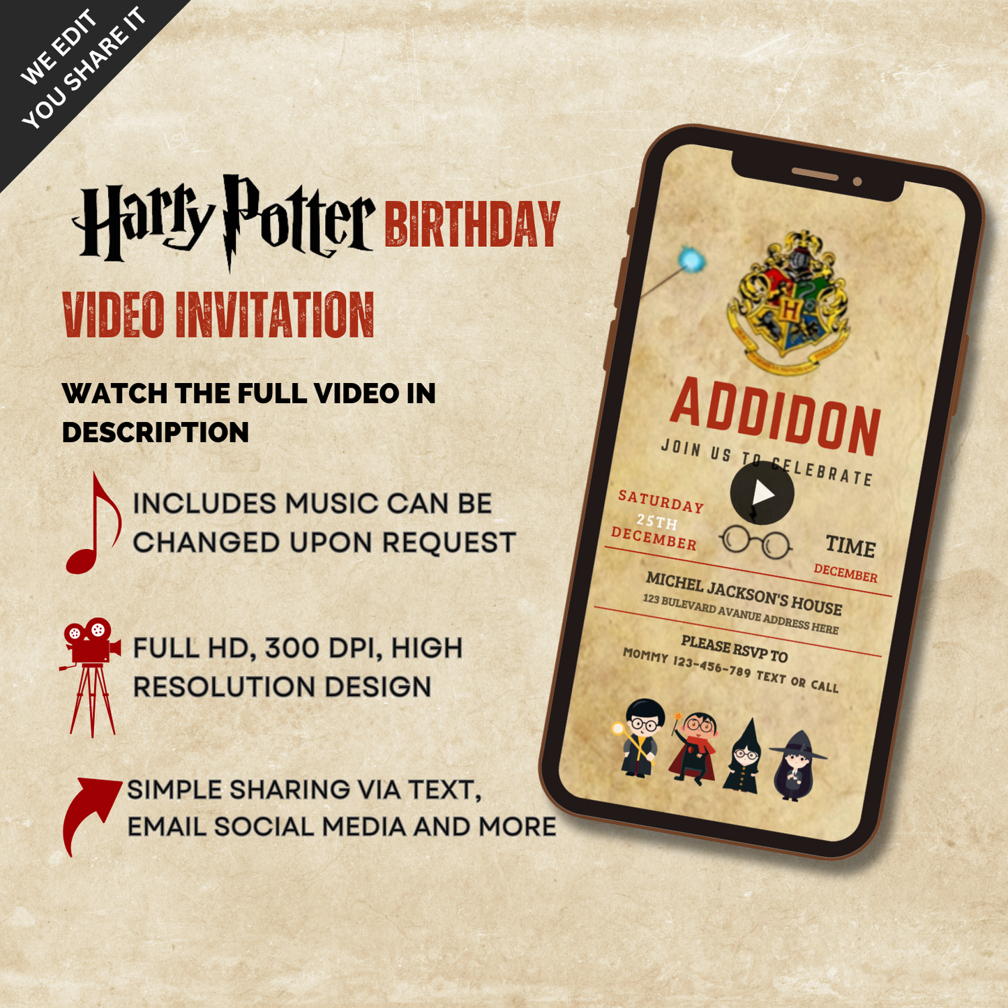 Animated Harry Potter Theme Birthday Party Video Invitation - Custom Harry Potter VIdeo Invite