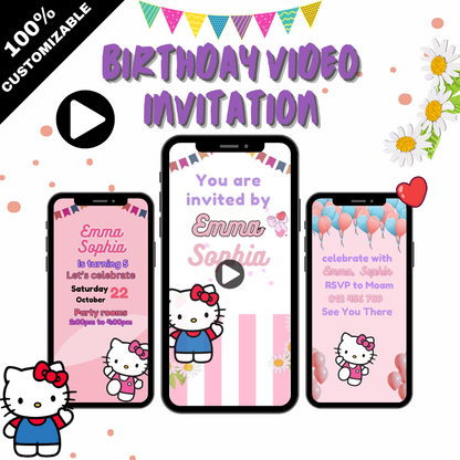 Customized Hello Kitty Themed Birthday Party Video Invitation - Animated Hello Kitty Party invites