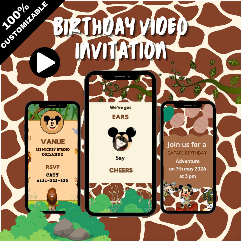 Custom Mickey Safari Birthday Video Invitation - Personalized Our Digital Video Invites