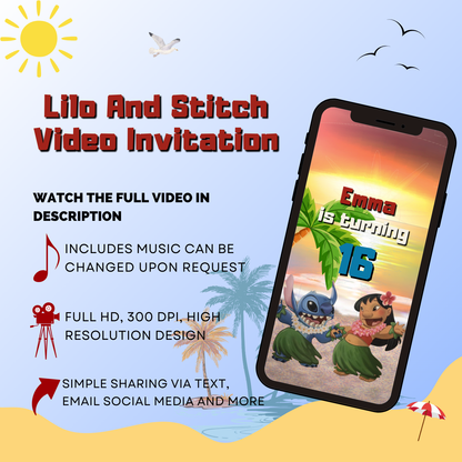 Custom Digital Lilo and Stitch Birthday Video Invitation - Animated Kids Party Video Invites