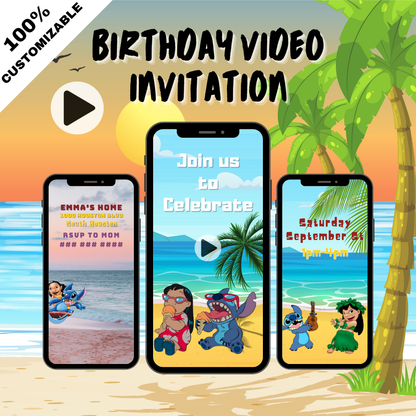 Custom Digital Lilo and Stitch Birthday Video Invitation - Animated Kids Party Video Invites