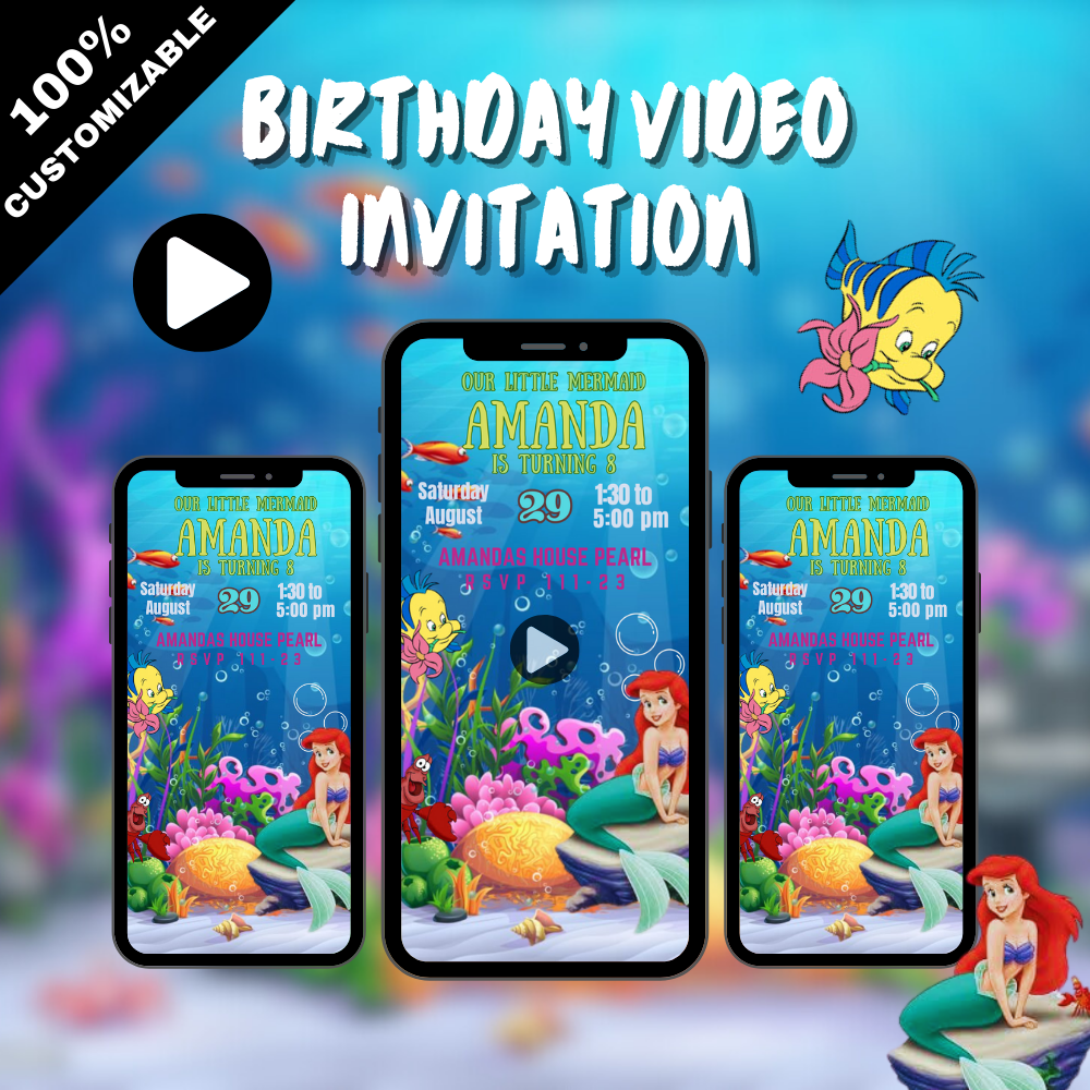 Animated Little Marmaid Birthday Party Video Invitation - Custom Little Marmaid Video Invites