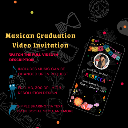 Animated Mexican Graduation Video Invitation - Fiesta Mexican Grad Party Theme Video Invite