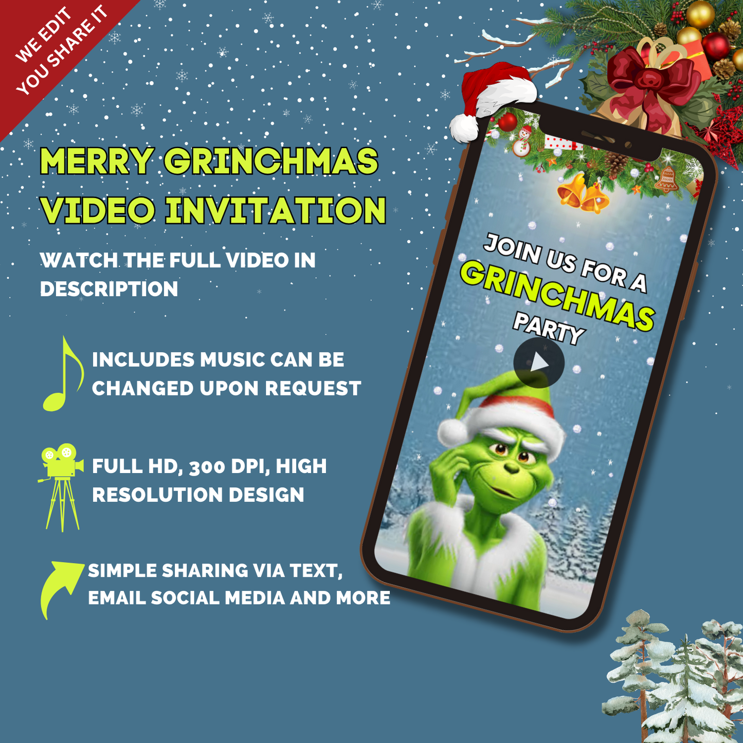 Customizable Merry Grinchmas Animated Video Invitation - Custom Theme Video Invites