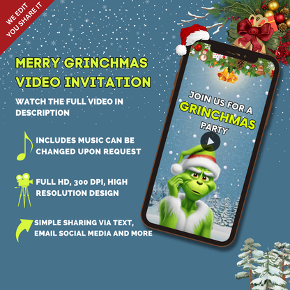 Customizable Merry Grinchmas Animated Video Invitation - Custom Theme Video Invites