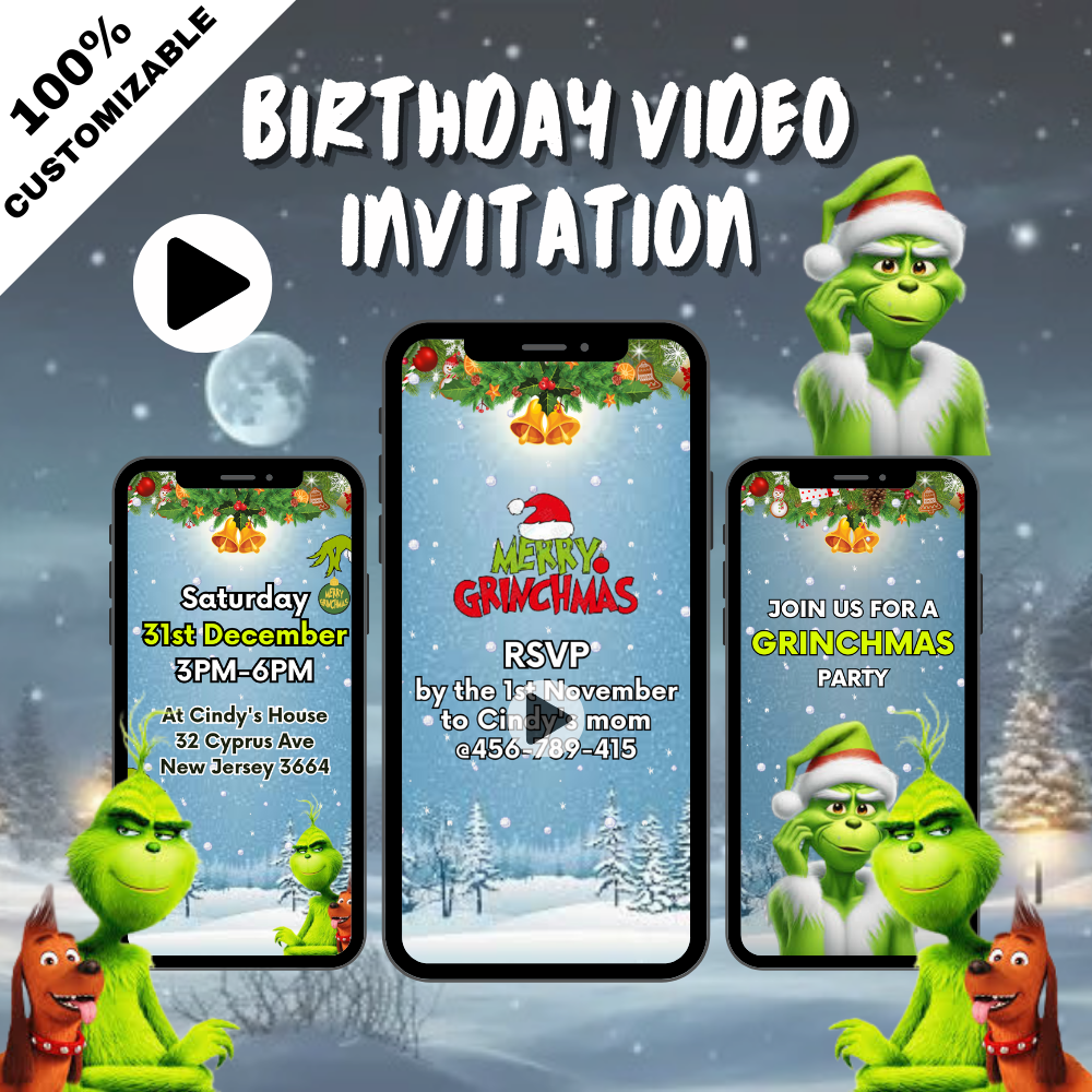 Customizable Merry Grinchmas Animated Video Invitation - Custom Theme Video Invites