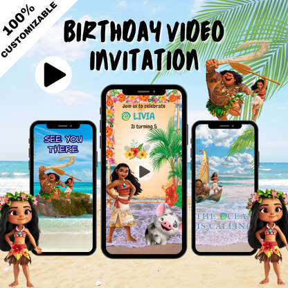 Digital Moana Theme Birthday Party Video Invitation - Customized Moana Theme Party Invites