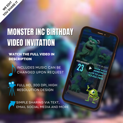 Monster Inc Animated Birthday Party Video Invitation - Custom Monster Inc Theme Video Invite