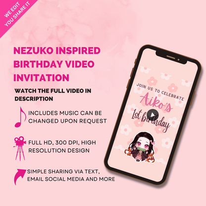 Animated Nezuko Inspired Digital Birthday Party Video Invitation - Nezuko Custom Theme Party Invites