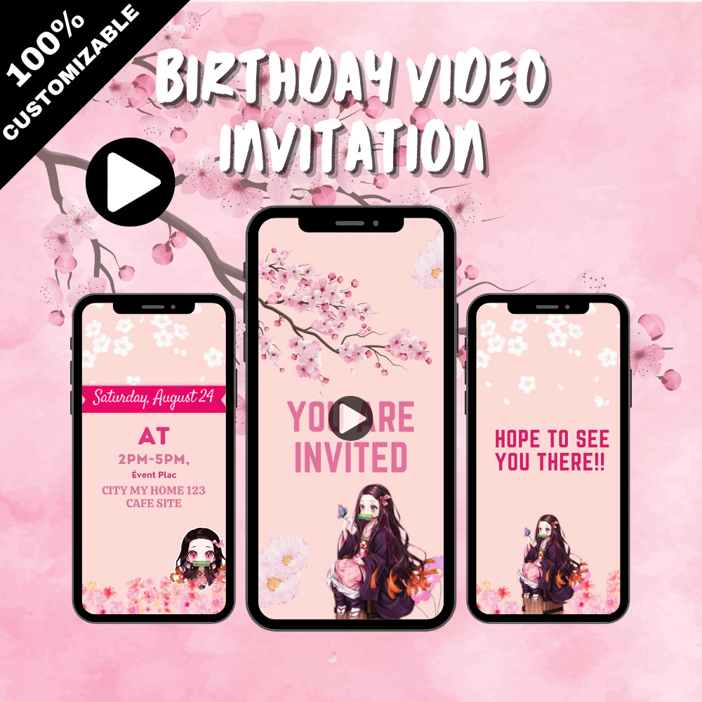 Animated Nezuko Inspired Digital Birthday Party Video Invitation - Nezuko Custom Theme Party Invites