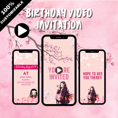 Animated Nezuko Inspired Digital Birthday Party Video Invitation - Nezuko Custom Theme Party Invites