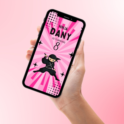 Custom Pink Theme Ninja Girls Party Video Invitation - Animated Custom Theme for Your Event!