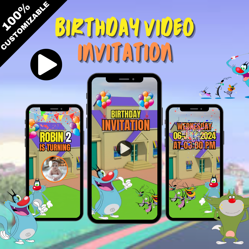 Personalized Oggy and the Cockroaches Themed Birthday Video Invitation – Custom Video Invites