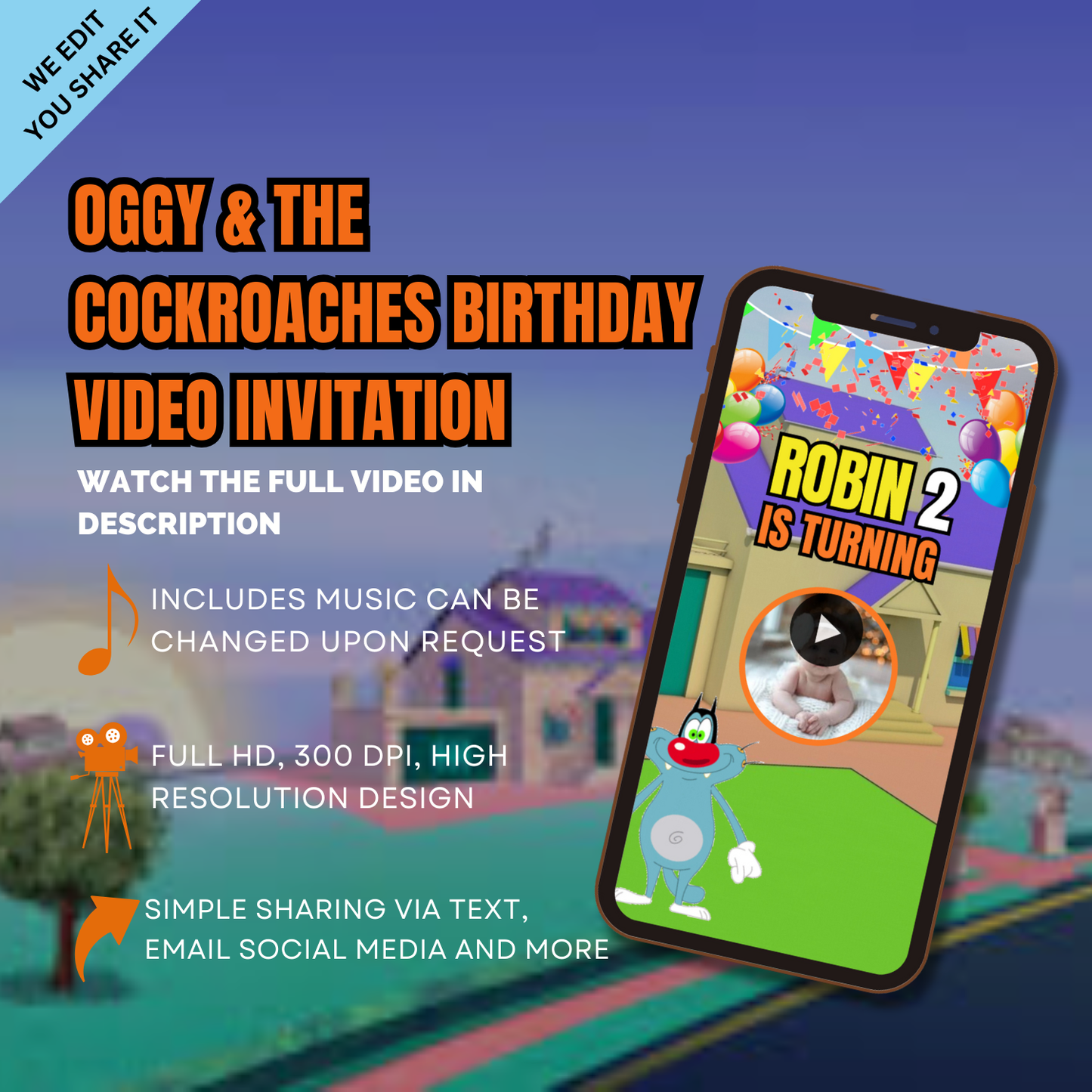 Personalized Oggy and the Cockroaches Themed Birthday Video Invitation – Custom Video Invites