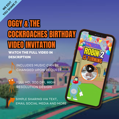 Personalized Oggy and the Cockroaches Themed Birthday Video Invitation – Custom Video Invites