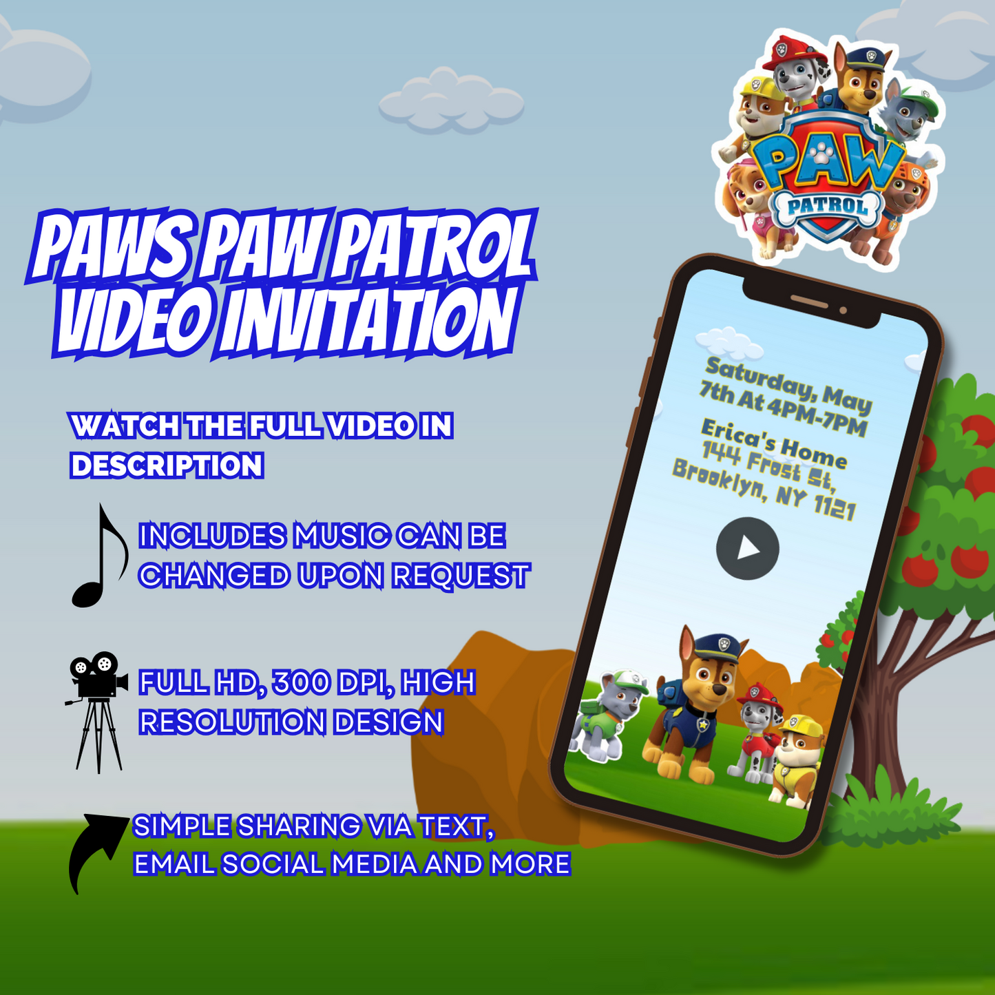 Animated Paws Paw Patrol Digital Party Video Invitation - Paws Paw Patrol Custom Video Invite