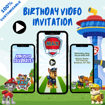 Animated Paws Paw Patrol Digital Party Video Invitation - Paws Paw Patrol Custom Video Invite