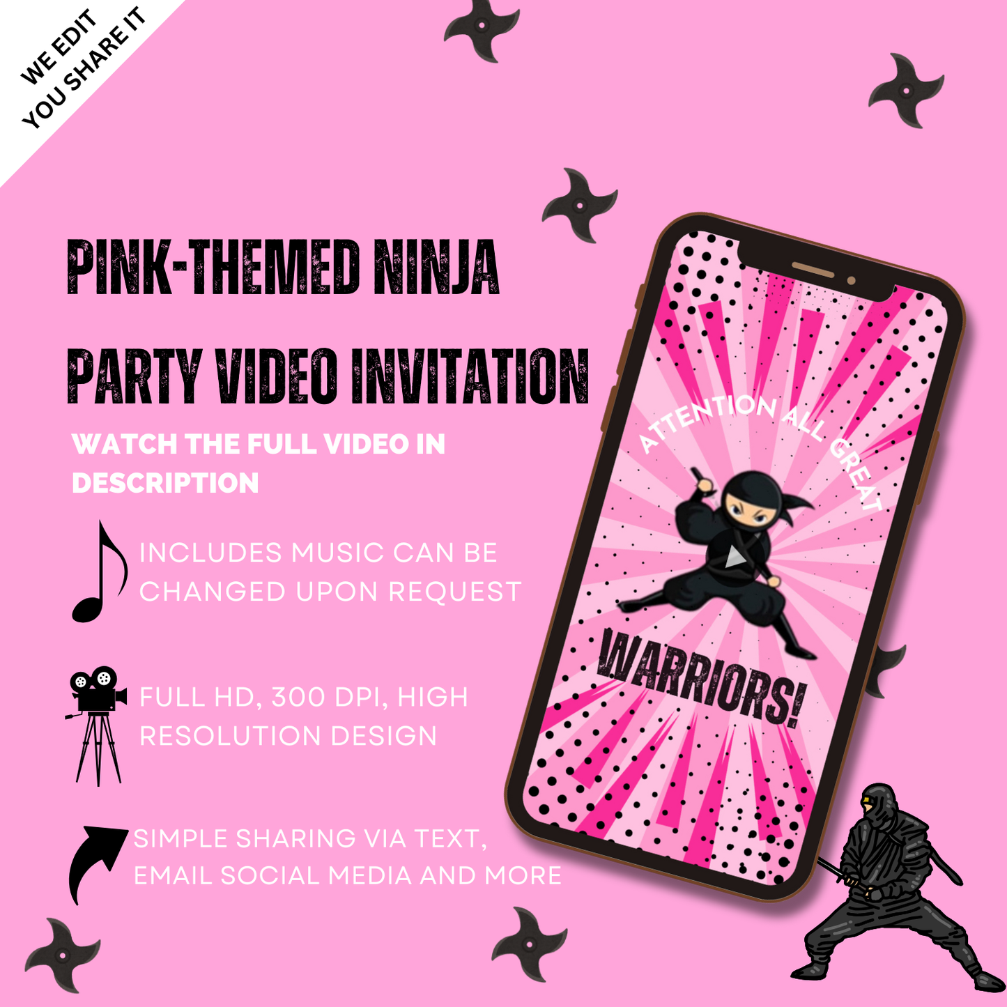 Custom Pink Theme Ninja Girls Party Video Invitation - Animated Custom Theme for Your Event!