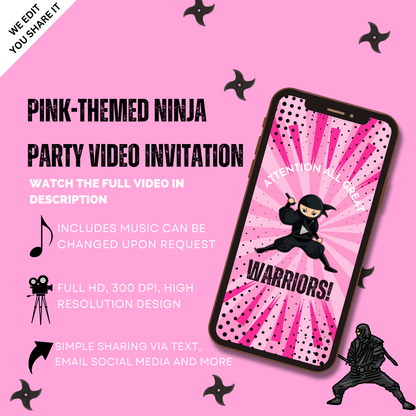 Custom Pink Theme Ninja Girls Party Video Invitation - Animated Custom Theme for Your Event!