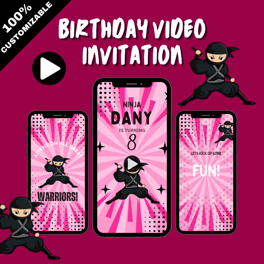 Custom Pink Theme Ninja Girls Party Video Invitation - Animated Custom Theme for Your Event!