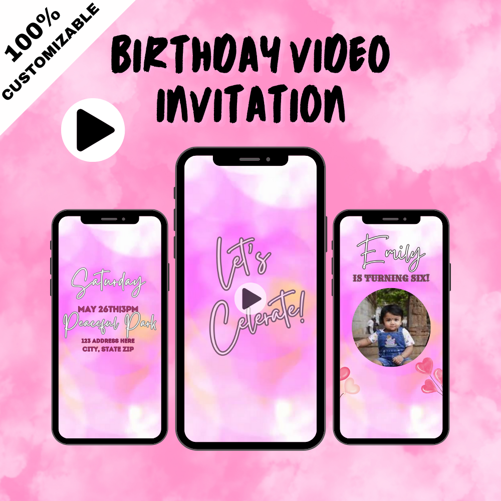 Customized Pink Theme Princess Birthday Party Video Invitation - Animated Pink Theme Video Invites