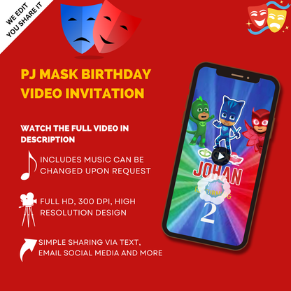 Personalized PJ Mask Birthday Video Invitation - Custom PJ Mask Theme Party Invite