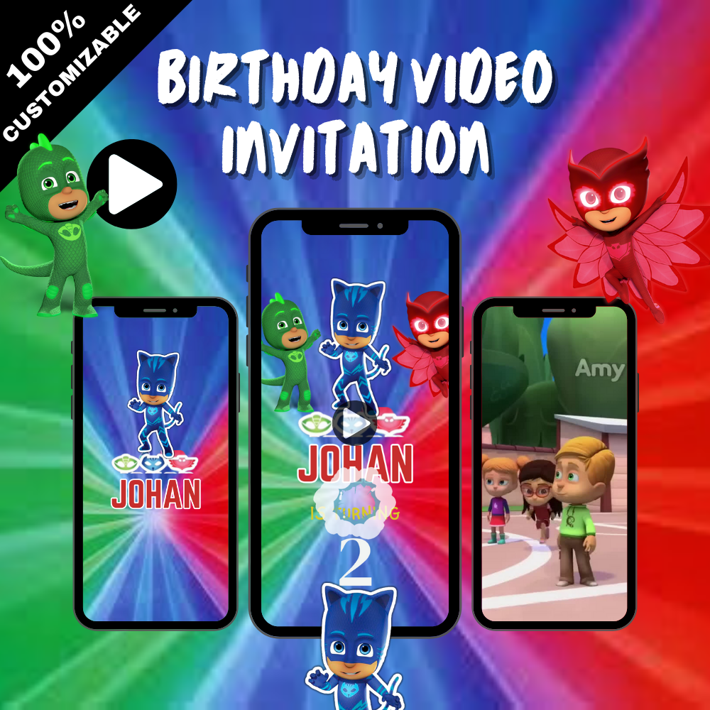 Personalized PJ Mask Birthday Video Invitation - Custom PJ Mask Theme Party Invite