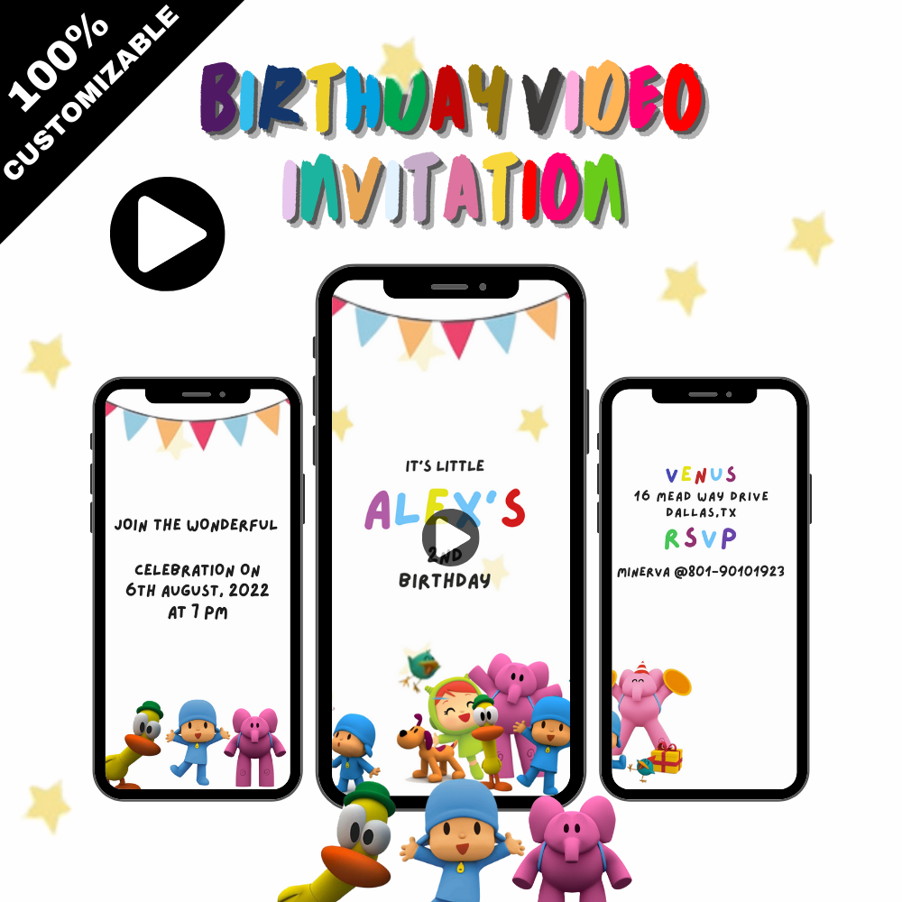 Animated Fun-Filled Pocoyo Birthday Video Invitation - Customizable theme video invitation