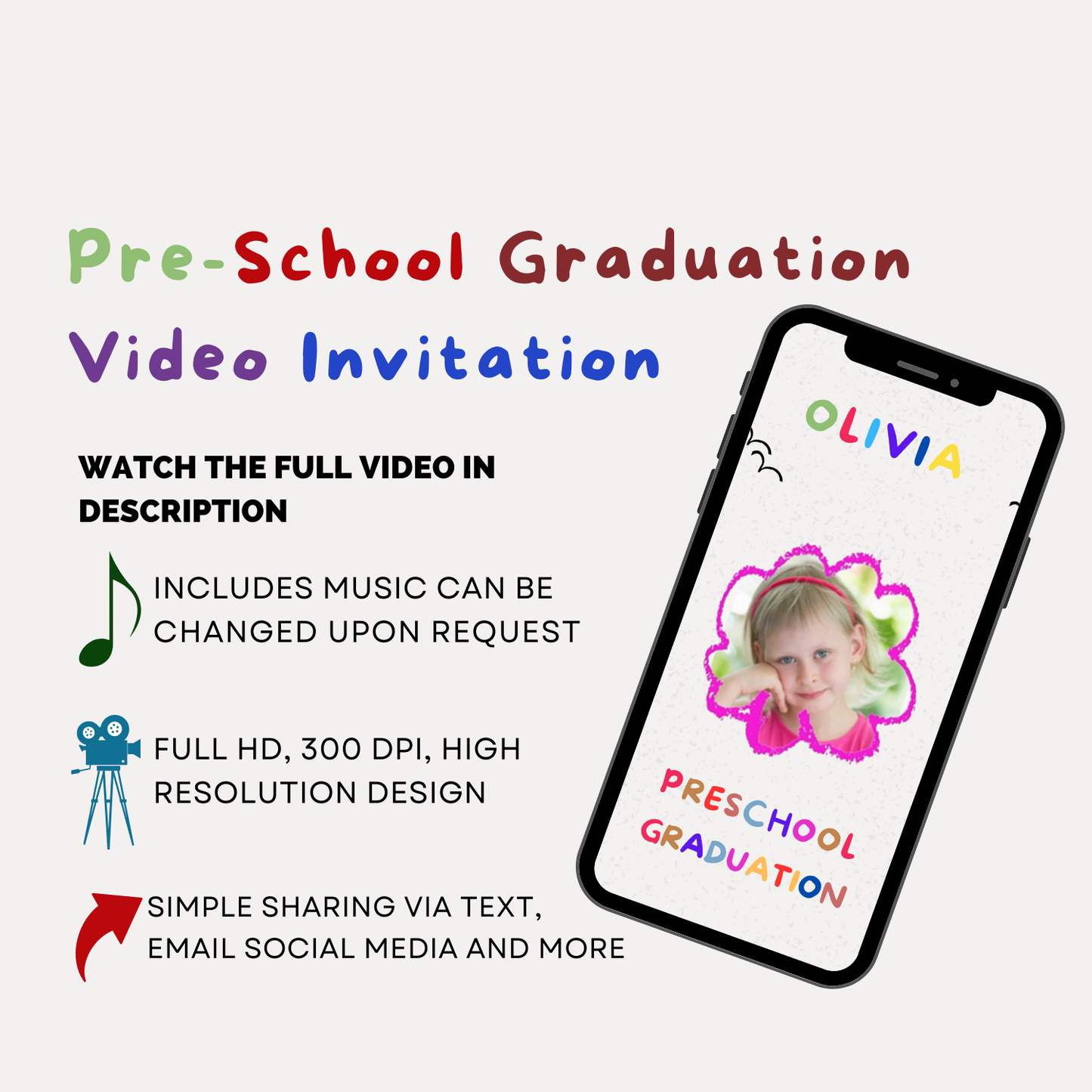 Custom Preschool Graduation Video Invitation - Celebrate Kindergarten Class Party Video Invite