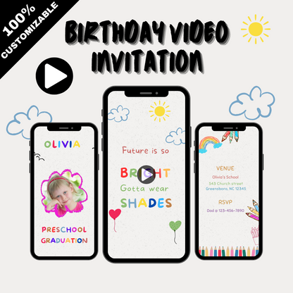 Custom Preschool Graduation Video Invitation - Celebrate Kindergarten Class Party Video Invite