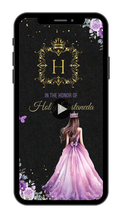 Quinceañera Black, Purple, & Gold Theme Video Invitation - Quinceañera Theme Digital Invite