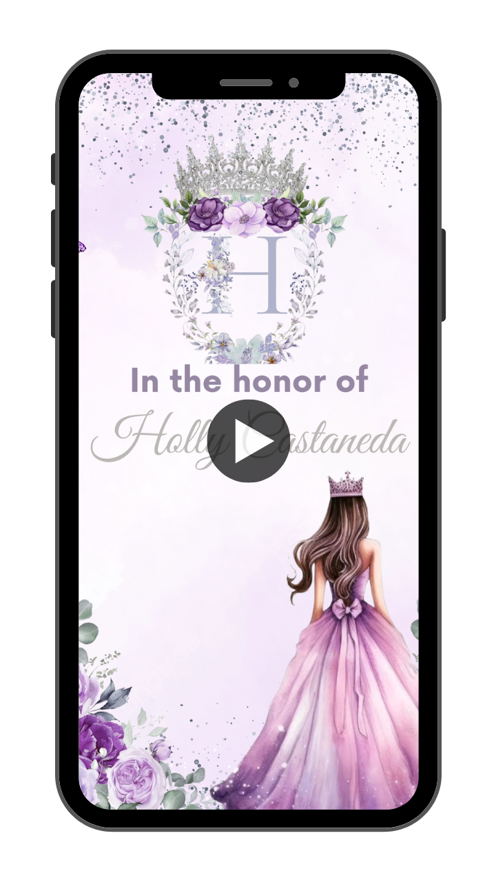 Lavender, White & Sliver Quinceañera Princess Video Invitation - White & Sliver Theme Digital Invite