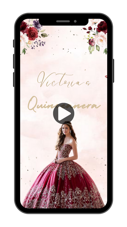 Blush & Burgundy Floral Quinceañera Video Invitation - Elegant Digital Quince Años VIdeo Invitation!