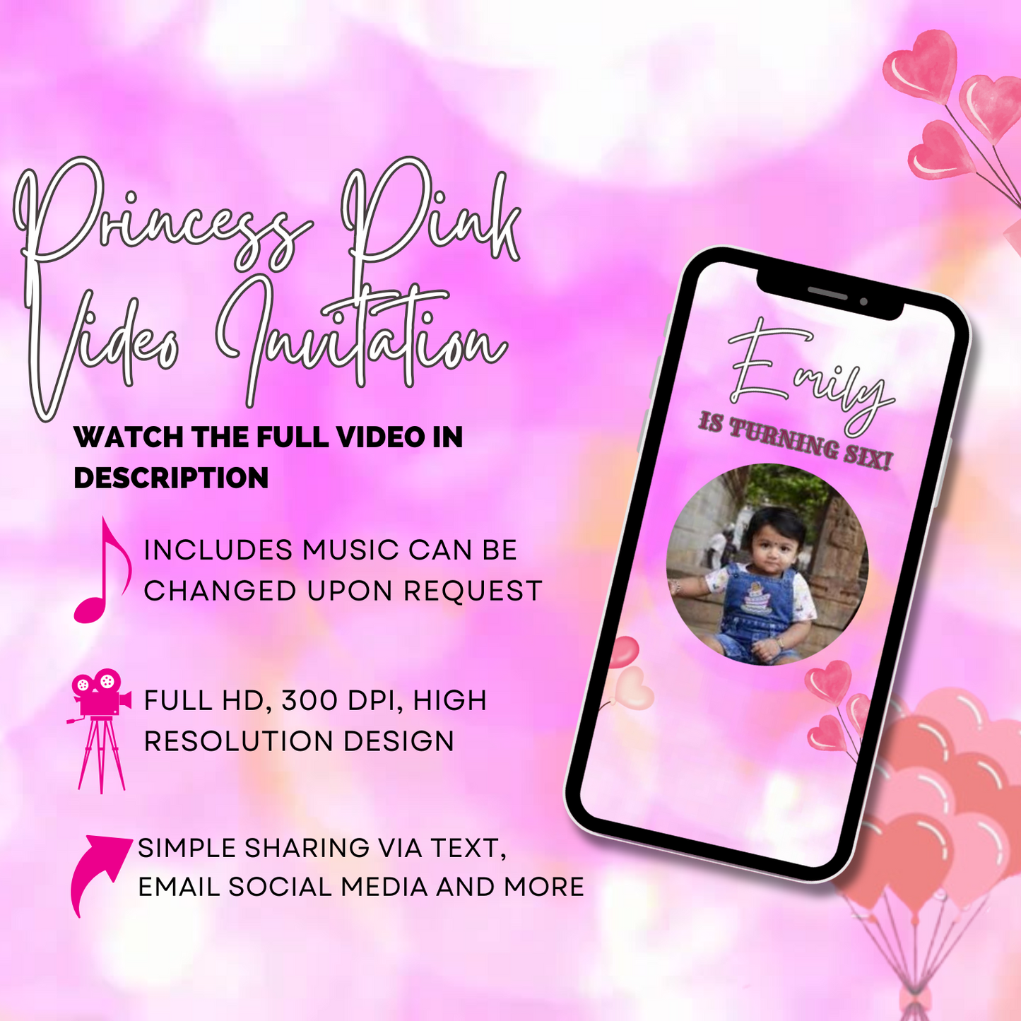 Customized Pink Theme Princess Birthday Party Video Invitation - Animated Pink Theme Video Invites