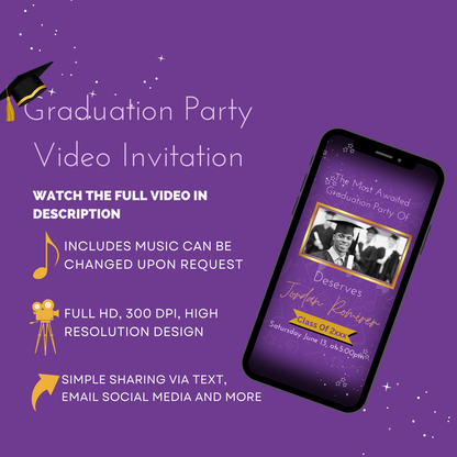 Customize Purple-Theme 2024 Graduation Day Party Invitation - Graduation Theme Video Invite